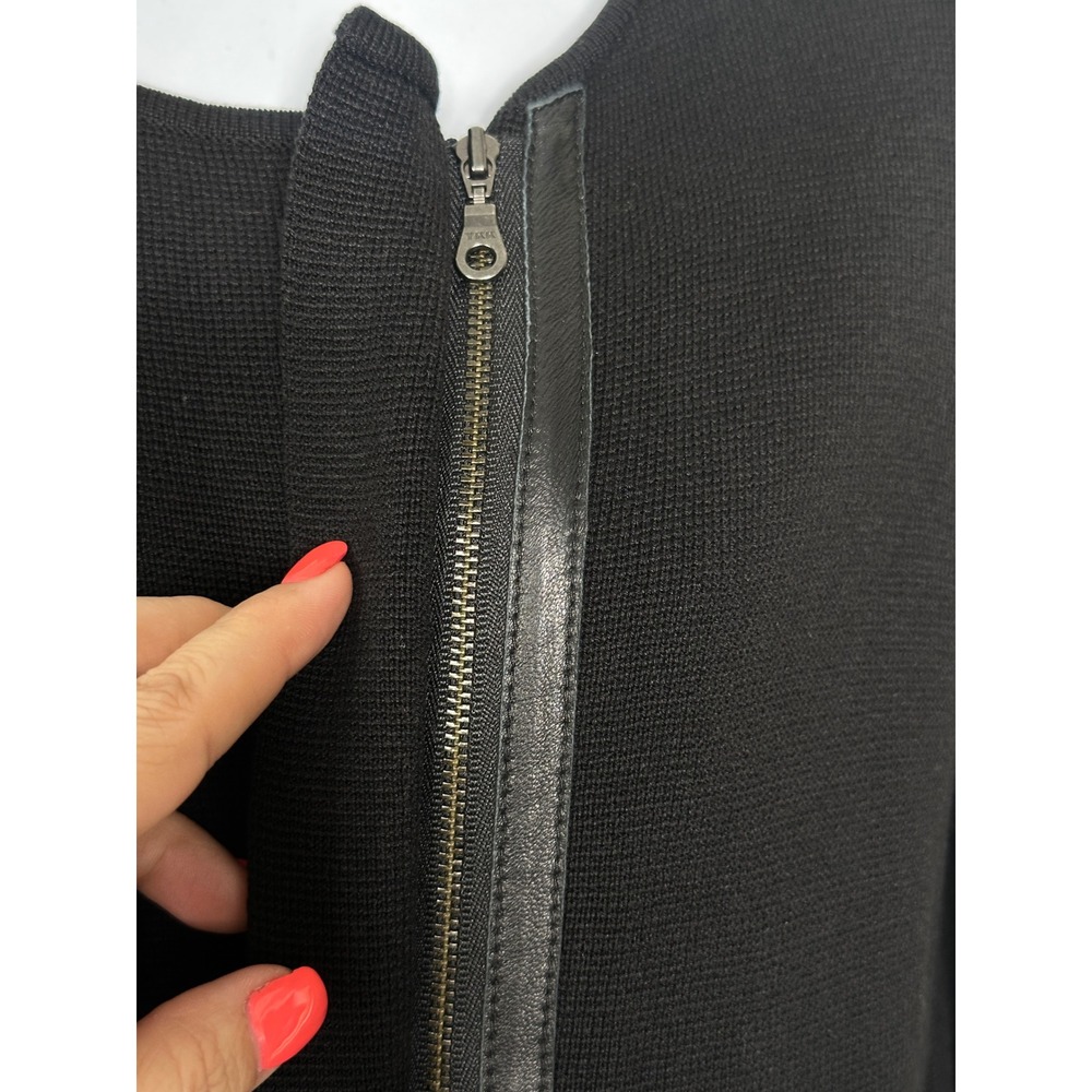 Eileen Fisher Jacket XS Black Leather Trim Zip Front Longline Textured Knit Coat - Picture 5 of 9